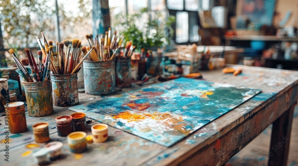 A creative DIY craft project in progress on a large table, with materials such as paint, brushes, and paper spread out. A creative DIY craft project in progress on a large table, with materials such as paint, brushes, and paper spread out.