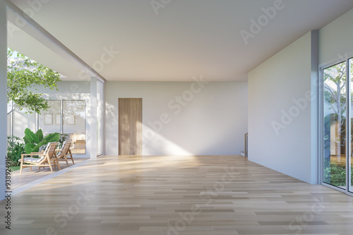 Fototapeta Naklejka Na Ścianę i Meble -  Modern contemporary empty room with wooden terrace overlooking green lawn and tropical style garden view background 3d render illustration
