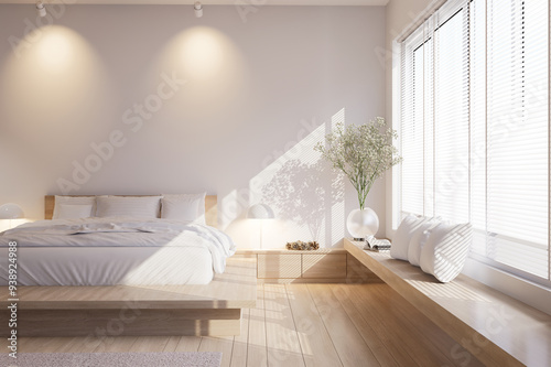 Minimal style modern contemporary white bedroom interior with wooden furniture 3d render with large windows natural light shines into the room. photo