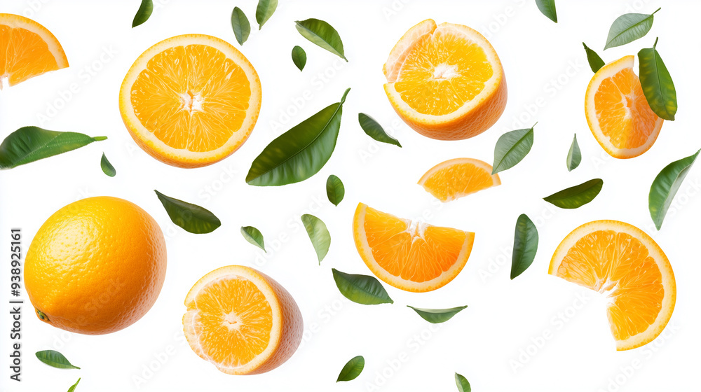 Fresh Orange Slices and Leaves Falling on White Background Fresh Orange Slices and Leaves Falling on White Background
