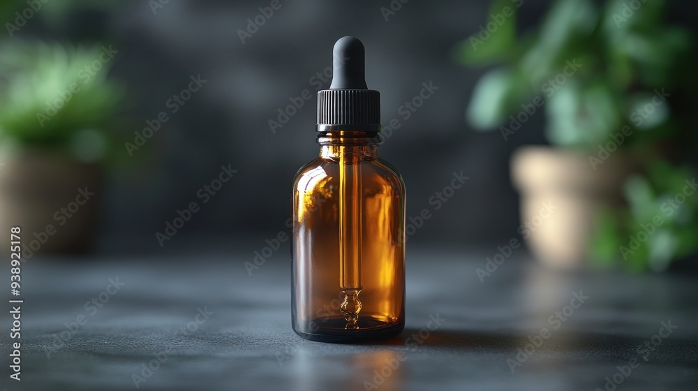 Amber Dropper Bottle with Plants in Background Amber Dropper Bottle with Plants in Background