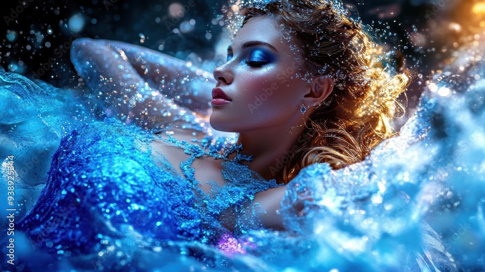 Elegant Woman in a Flowing Blue Gown in a Dreamlike Scene Elegant Woman in a Flowing Blue Gown in a Dreamlike Scene