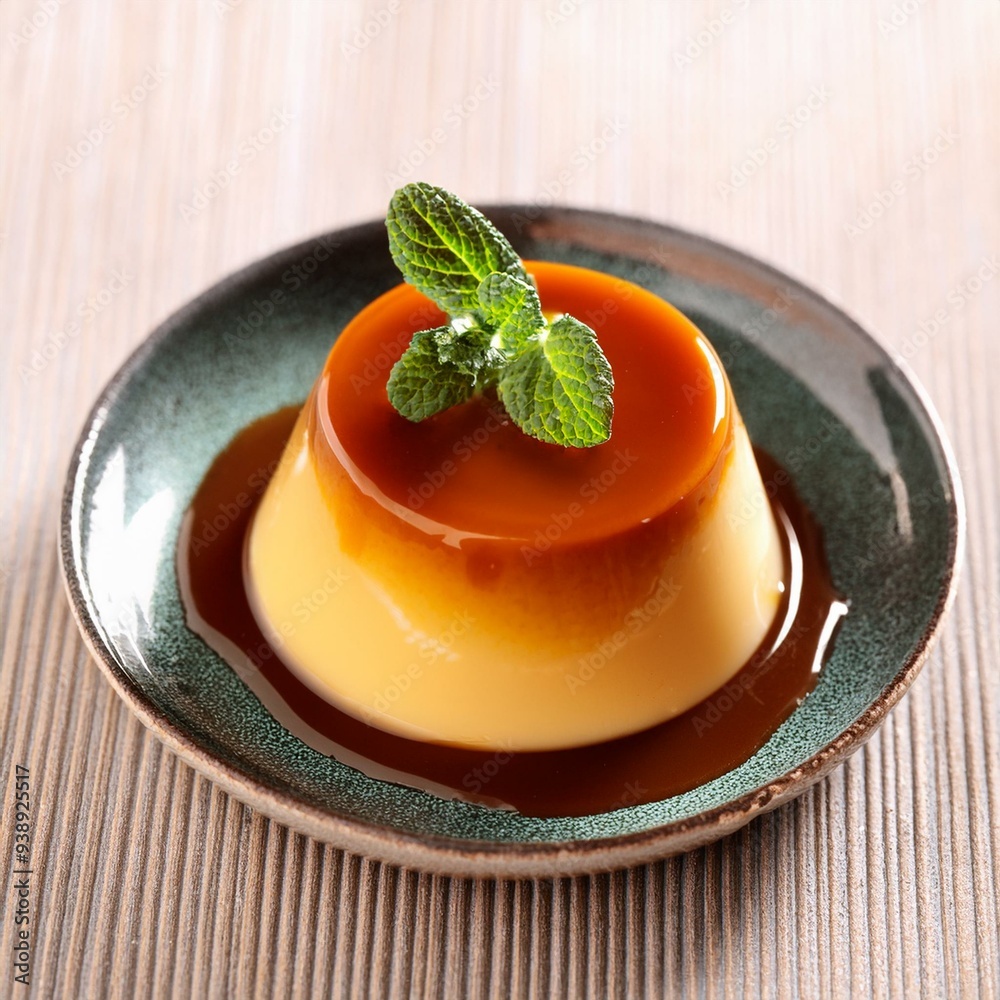 Caramel custard pudding with mint Caramel custard pudding with mint