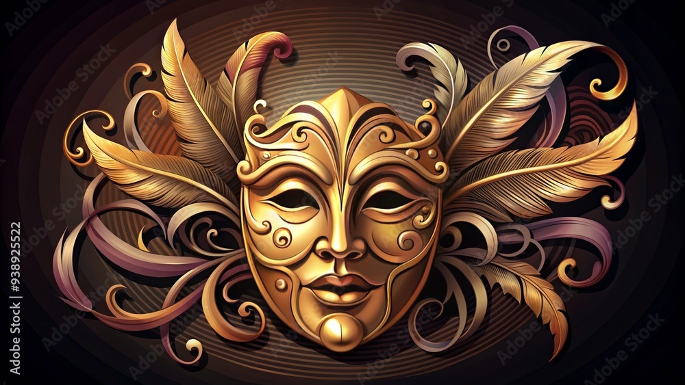 Illustrated Renaissance-inspired design featuring a stylized theater mask, quill, and scrolls, evoking the essence of classic literature and drama in a modern vector format. Illustrated Renaissance-inspired design featuring a stylized theater mask, quill, and scrolls, evoking the essence of classic literature and drama in a modern vector format.