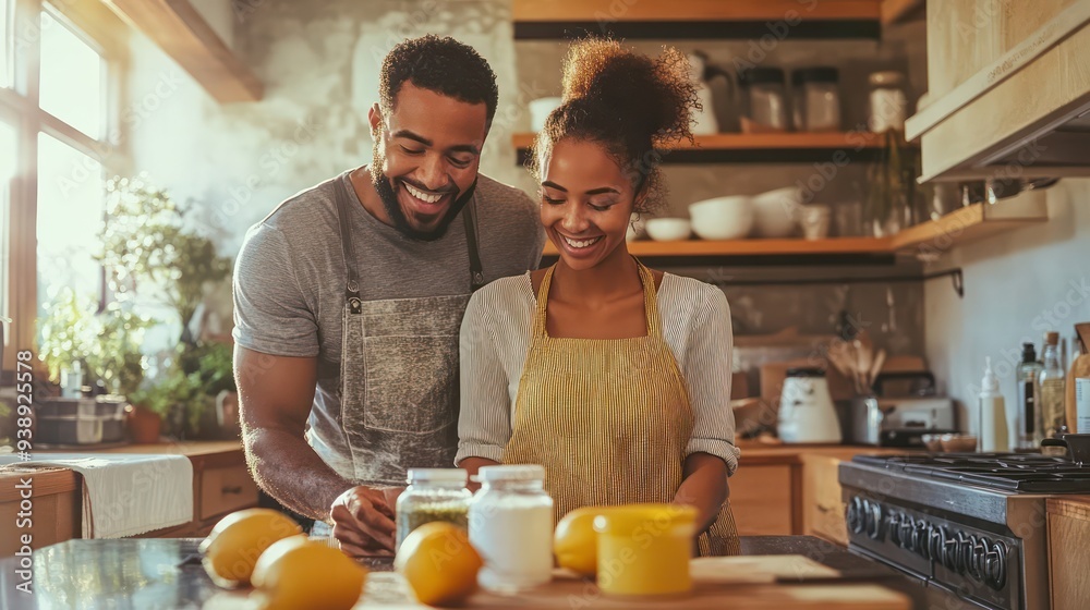 A couple using natural cleaning products to wipe down their countertops, enjoying the fresh, chemical-free results. A couple using natural cleaning products to wipe down their countertops, enjoying the fresh, chemical-free results.