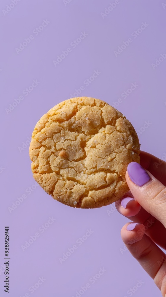 A hand holds a single vanilla cookie against a bright purple background, highlighting the cookie's texture and sweet appeal in a playful setting. A hand holds a single vanilla cookie against a bright purple background, highlighting the cookie's texture and sweet appeal in a playful setting.