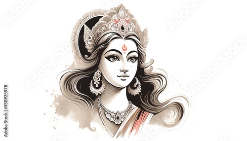 Maha saptami watercolor illustration with goddess durga portrait.  photo