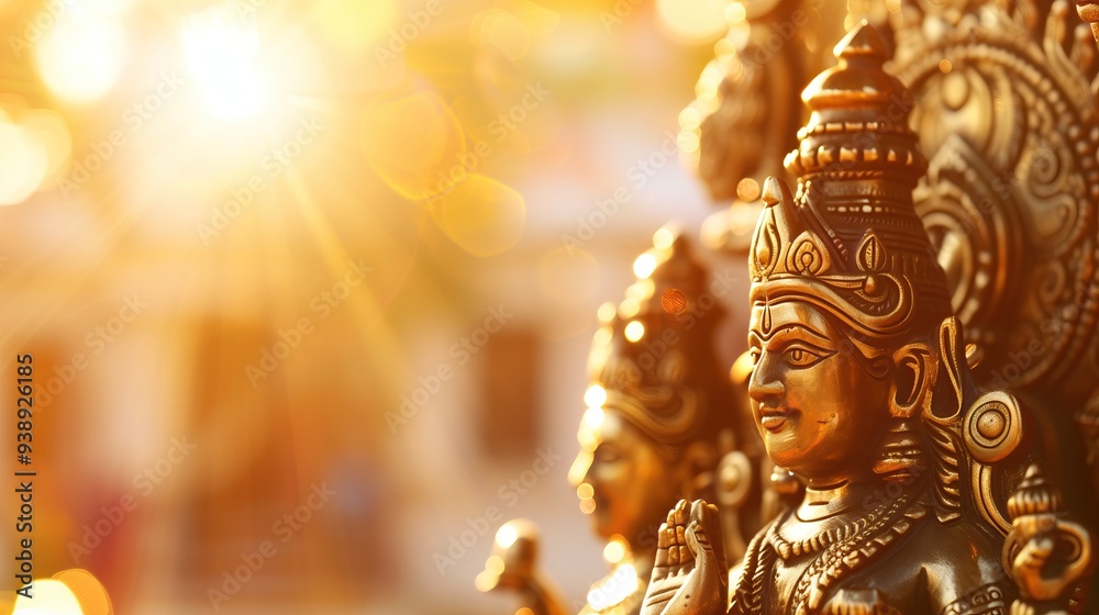 Fototapeta premium close-up of golden statue Hindu deity in warm sunlight