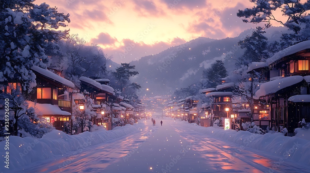 Snowy Village Street at Sunset. Snowy Village Street at Sunset.