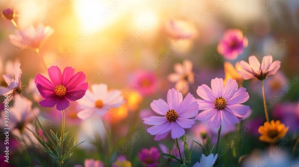 A field of flowers with a bright sun shining on them. The flowers are pink and yellow. Scene is cheerful and uplifting A field of flowers with a bright sun shining on them. The flowers are pink and yellow. Scene is cheerful and uplifting