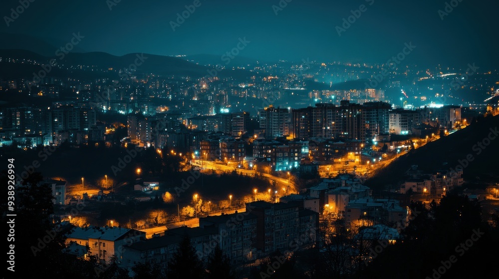 Fototapeta premium Night Cityscape with Illuminated Buildings