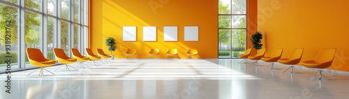 Modern waiting room with bright orange walls, sunlight streaming through large windows, and neat rows of minimalist orange chairs. photo