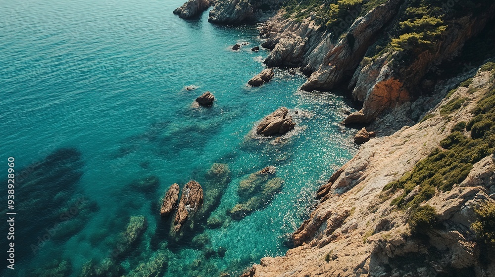 Drone view of the sea coast. Rocky shore and sea water. Vacation and travel. Summer seascape. Generative ai Drone view of the sea coast. Rocky shore and sea water. Vacation and travel. Summer seascape. Generative ai