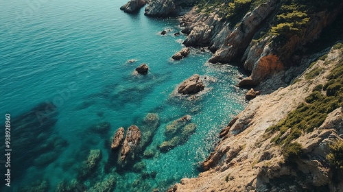 Drone view of the sea coast. Rocky shore and sea water. Vacation and travel. Summer seascape. Generative ai