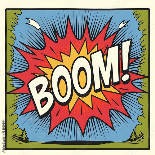 retro comic-style illustration of an explosive "BOOM!" moment. The scene should depict a dynamic explosion with bold colors like red, yellow, and orange radiating from the center