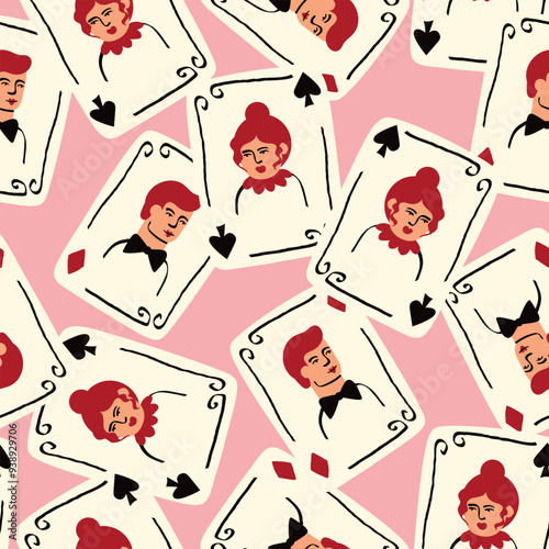 Bright vibrant pattern with Playing cards with Jack and Queen of Spades. Playing cards background
