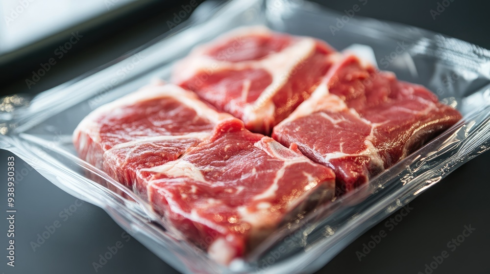 A sealed package of fresh meat with a food safety label, ensuring safe consumption. A sealed package of fresh meat with a food safety label, ensuring safe consumption.