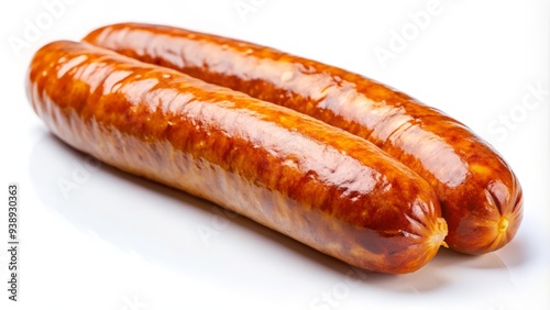 Juicy golden-brown sausage slice placed on a crisp white background, showcasing its plump texture and savory aroma, perfect for culinary and food advertising.