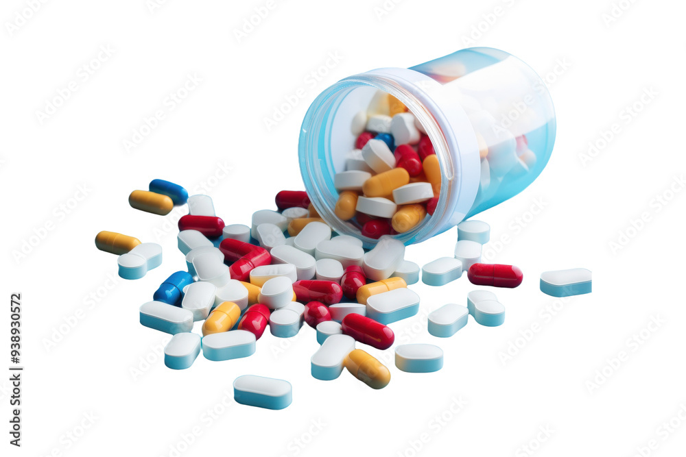 Spilled pill bottle with colorful tablets isolated on transparent background Spilled pill bottle with colorful tablets isolated on transparent background