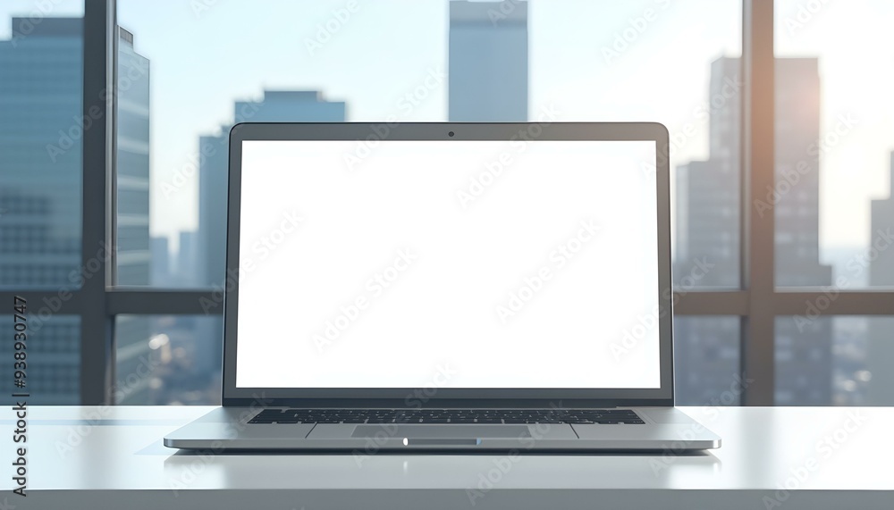 Fototapeta premium Mock up of a white screen laptop placed on a table. Skyscraper background 