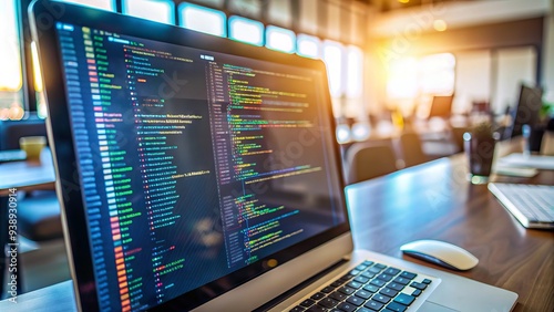 Lines of code on a computer screen, showcasing JavaScript programming language syntax and structure, with a blurred background of a busy developer's workspace. photo