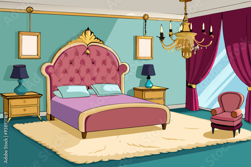 Luxurious Bedroom with Velvet Headboard & Crystal Chandelier - Vector Art