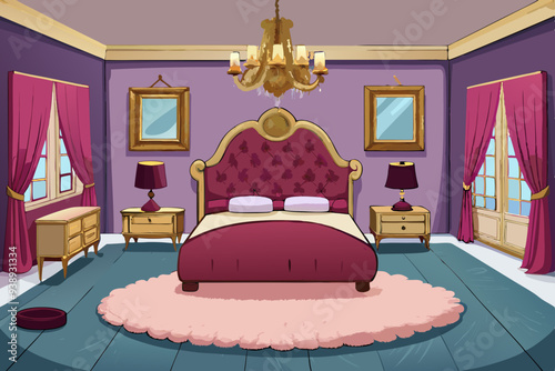 Luxurious Bedroom with Velvet Headboard & Crystal Chandelier - Vector Art