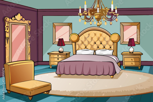 Luxurious Bedroom with Velvet Headboard & Crystal Chandelier - Vector Art