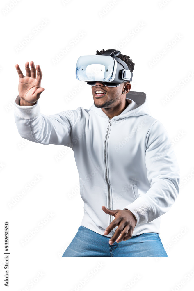 Young man immersed in virtual reality gaming experience, isolated on transparent background. VR, future, technology concept Young man immersed in virtual reality gaming experience, isolated on transparent background. VR, future, technology concept