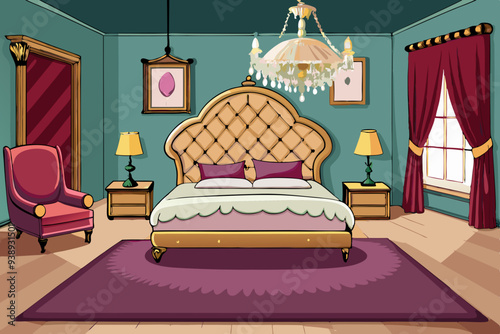 Luxurious Bedroom with Velvet Headboard & Crystal Chandelier - Vector Art