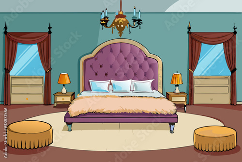 Luxurious Bedroom with Velvet Headboard & Crystal Chandelier - Vector Art