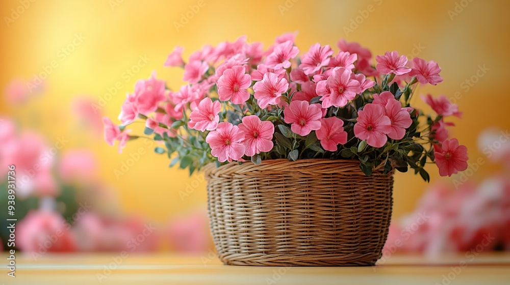 Wicker basket with pink flowers on pastel yellow background for Mother's Day, International Women's Day, or birthday. Wicker basket with pink flowers on pastel yellow background for Mother's Day, International Women's Day, or birthday.