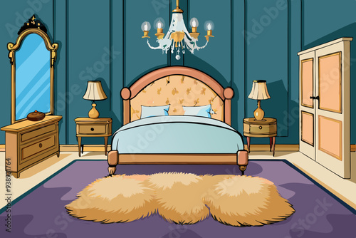 Luxurious Bedroom with Velvet Headboard & Crystal Chandelier - Vector Art