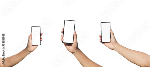 Set of Man's hand holding a mobile phone with a blank white screen isolated on white background. White space on a smartphone for inserting text or advertisements. Clipping Path