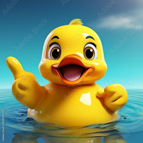 escena renderizada en 3D de un personaje de juguete con forma de pato de goma en el agua, diseñada para parecerse a un niño feliz photo