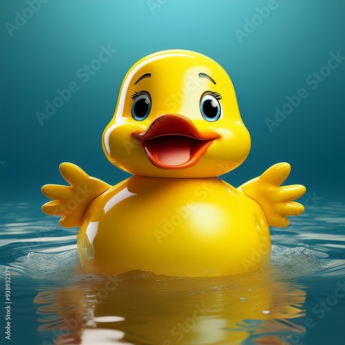 escena renderizada en 3D de un personaje de juguete con forma de pato de goma en el agua, diseñada para parecerse a un niño feliz