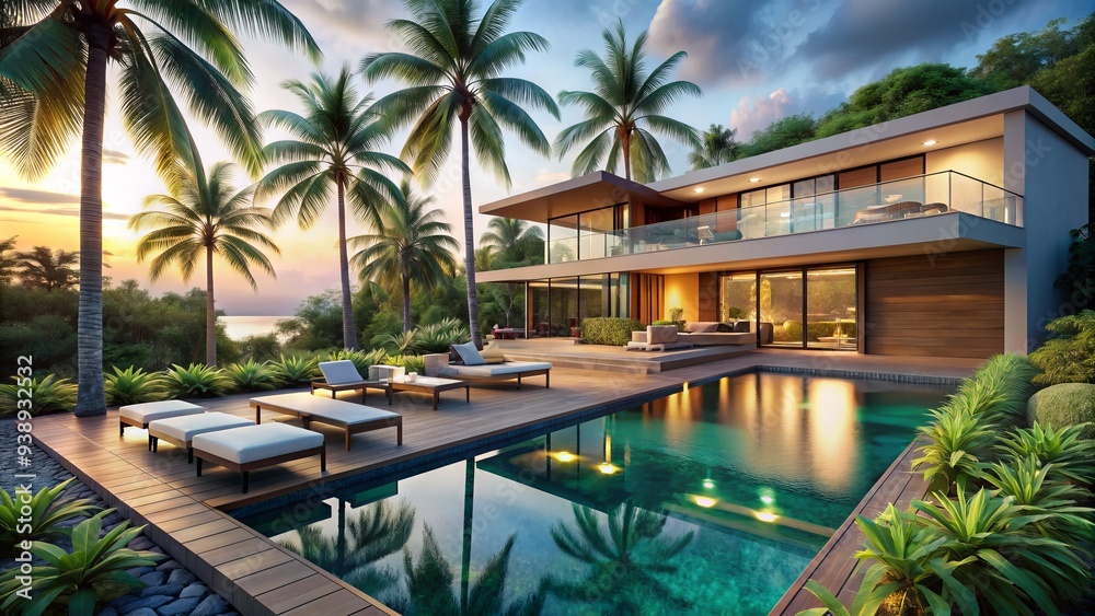 Fototapeta premium Luxurious modern villa with infinity pool and outdoor lounge area surrounded by lush greenery and swaying palm trees on a tropical island coastline.
