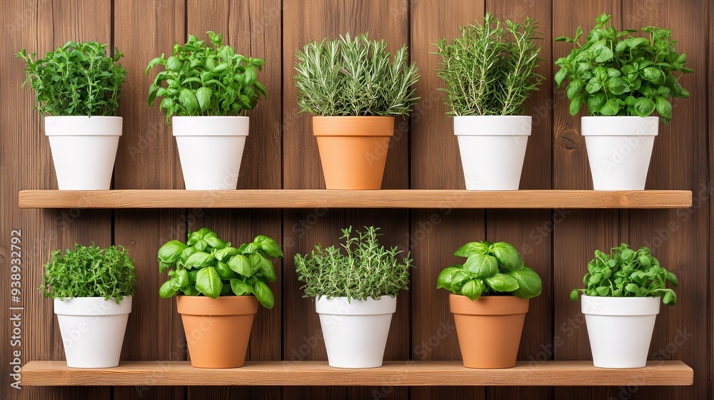 Neatly arranged herb pots, including basil and rosemary, displayed on wooden shelves against a wooden wall backdrop. Neatly arranged herb pots, including basil and rosemary, displayed on wooden shelves against a wooden wall backdrop.