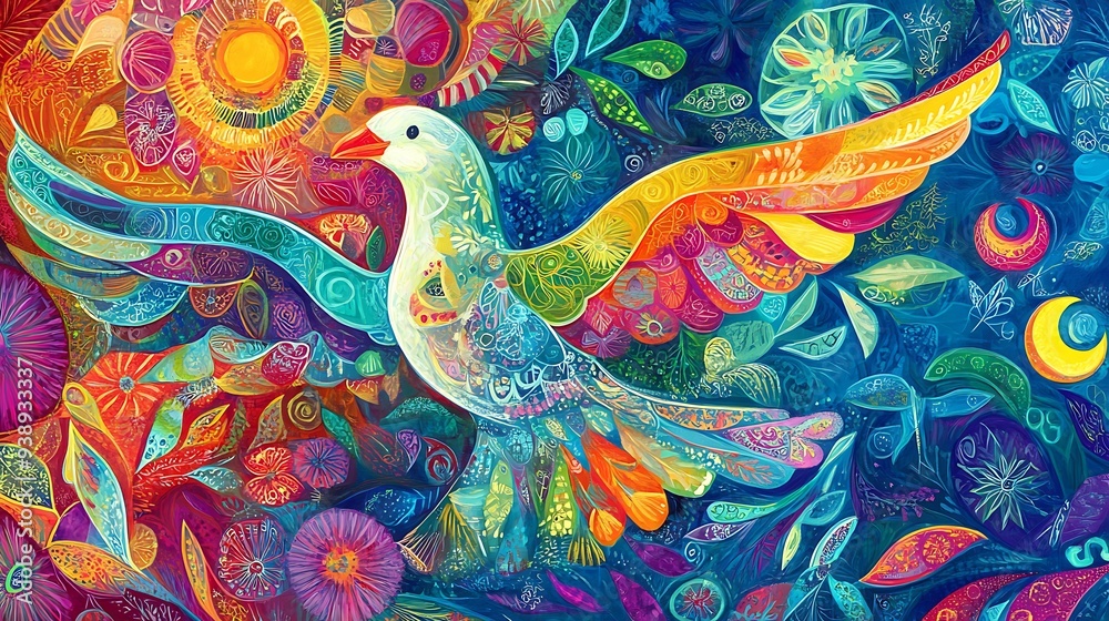 A Colorful and Detailed Illustration of a Dove in Flight A Colorful and Detailed Illustration of a Dove in Flight