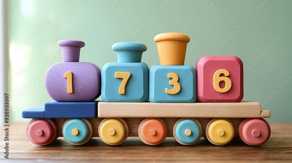 Wooden toy locomotive with numbers on pastel green for early learning in counting for babies and toddlers. Wooden toy locomotive with numbers on pastel green for early learning in counting for babies and toddlers.