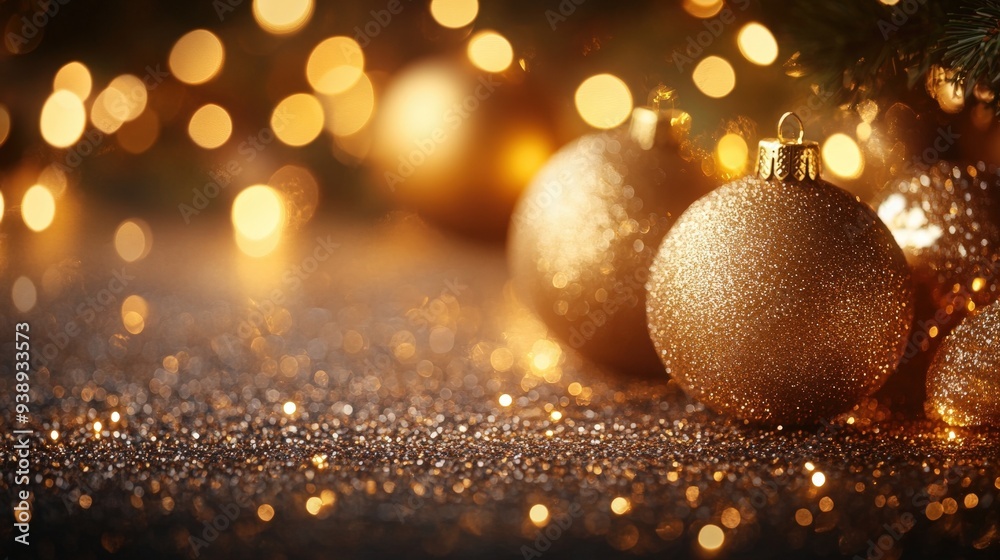 Fototapeta premium Golden LED lights reflecting off holiday ornaments, creating a cozy, warm glow