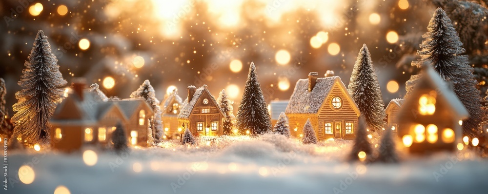 Fototapeta premium Golden LED lights on a holiday village display, warm tones, nostalgic winter scene
