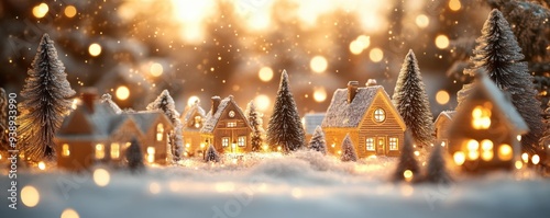 Golden LED lights on a holiday village display, warm tones, nostalgic winter scene