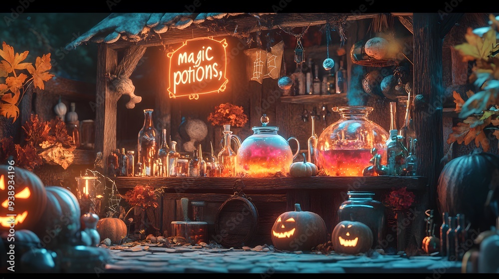 Obraz premium Halloween festival booth run by a witch, with bubbling cauldrons of 