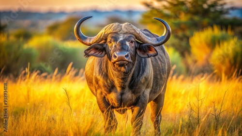 Majestic Cape buffalo bull stands proudly in a sun-drenched savannah, its thick horns and rugged coat a testament to its wild, untamed African heritage. photo