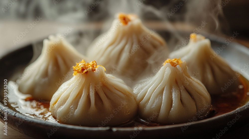 Obraz premium Delicious steaming dumplings served on a rustic plate in a cozy restaurant during a chilly evening