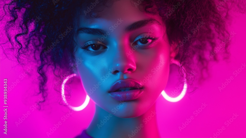 Portrait of a beautiful young woman with neon pink and blue light on her curly hair, wearing large neon earrings, looking at the camera Portrait of a beautiful young woman with neon pink and blue light on her curly hair, wearing large neon earrings, looking at the camera