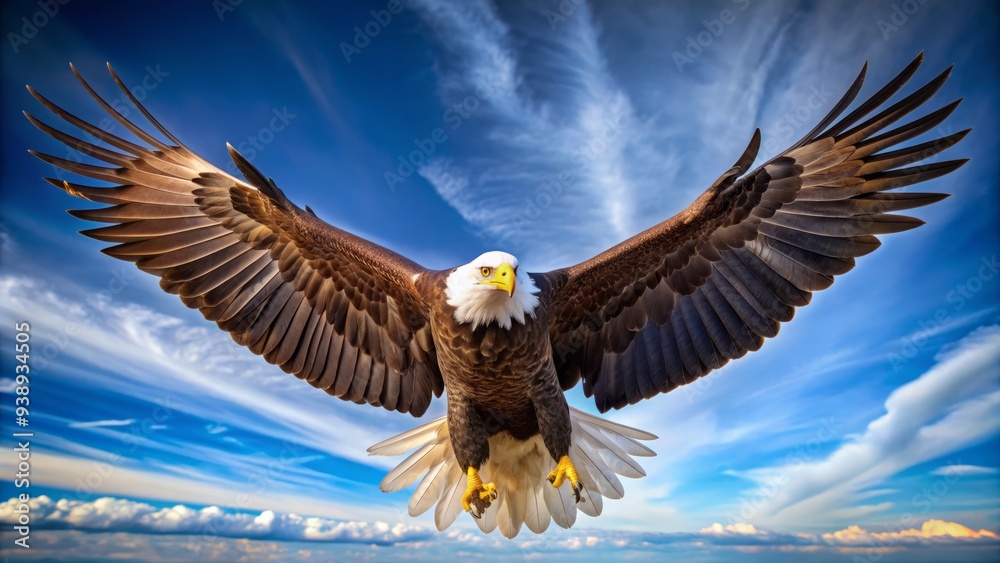 Fototapeta premium Majestic eagle stretches wings wide, soaring through a bright blue sky with feathers ruffled, talons extended, and a strong, determined gaze.