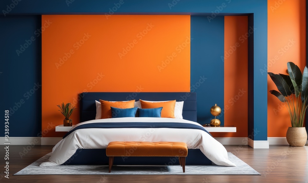 Bed and bench against orange and blue wall with copy space. Art deco interior design of modern bedroom Bed and bench against orange and blue wall with copy space. Art deco interior design of modern bedroom