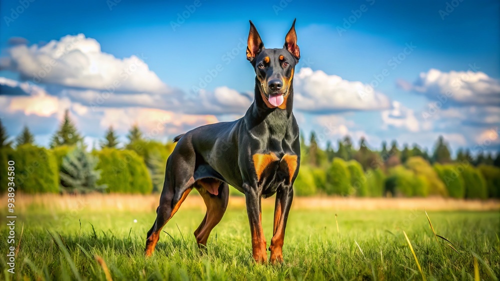 Majestic European Doberman Pinscher with a glossy black coat and piercing brown eyes stands proudly in a lush green meadow on a sunny day. Majestic European Doberman Pinscher with a glossy black coat and piercing brown eyes stands proudly in a lush green meadow on a sunny day.